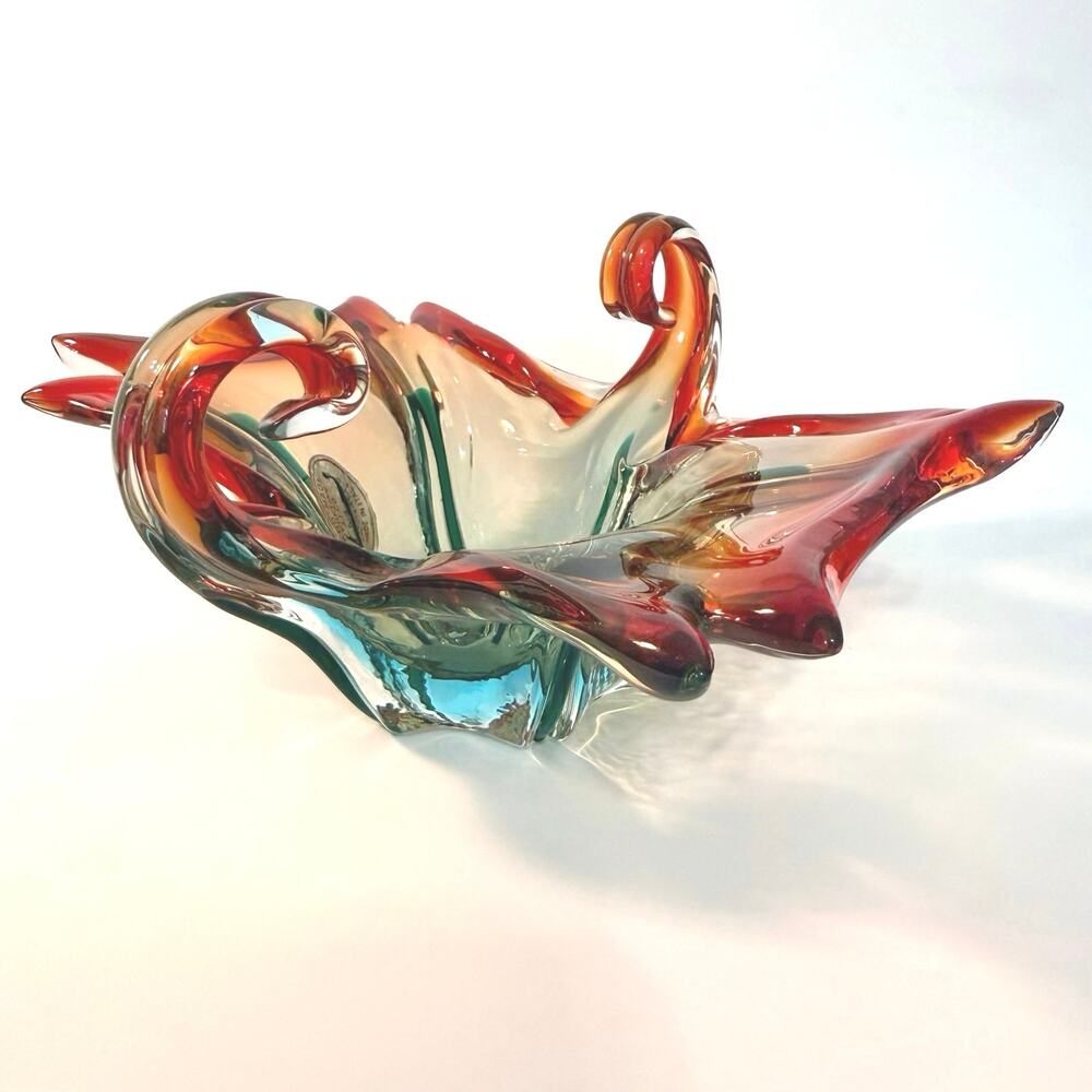 Vintage Murano Art Glass Bowl Tray Hand Made J.I. Co Italy Sommerso Red Blue